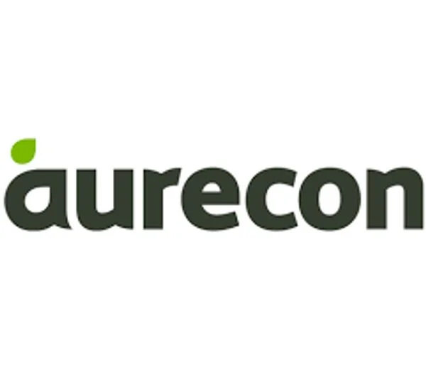 The image shows the Aurecon logo, with the word “aurecon” in lowercase black letters. The letter “a” has a small green leaf shape over it. The background is white.