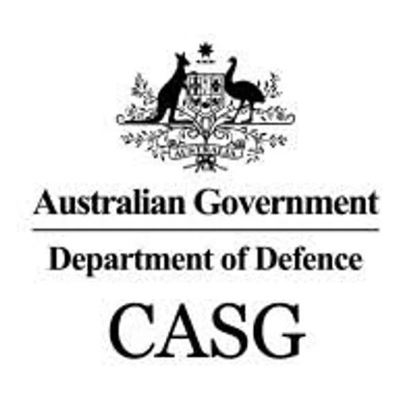 Australian Government Department of Defence CASG logo featuring a kangaroo, emu, and crest above the text.