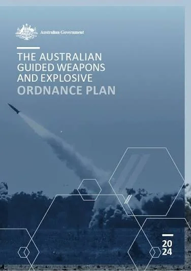 Cover of the 2024 Australian Guided Weapons and Explosive Ordnance Plan, showing a missile launch with smoke trails against a blue-toned background and geometric shapes.