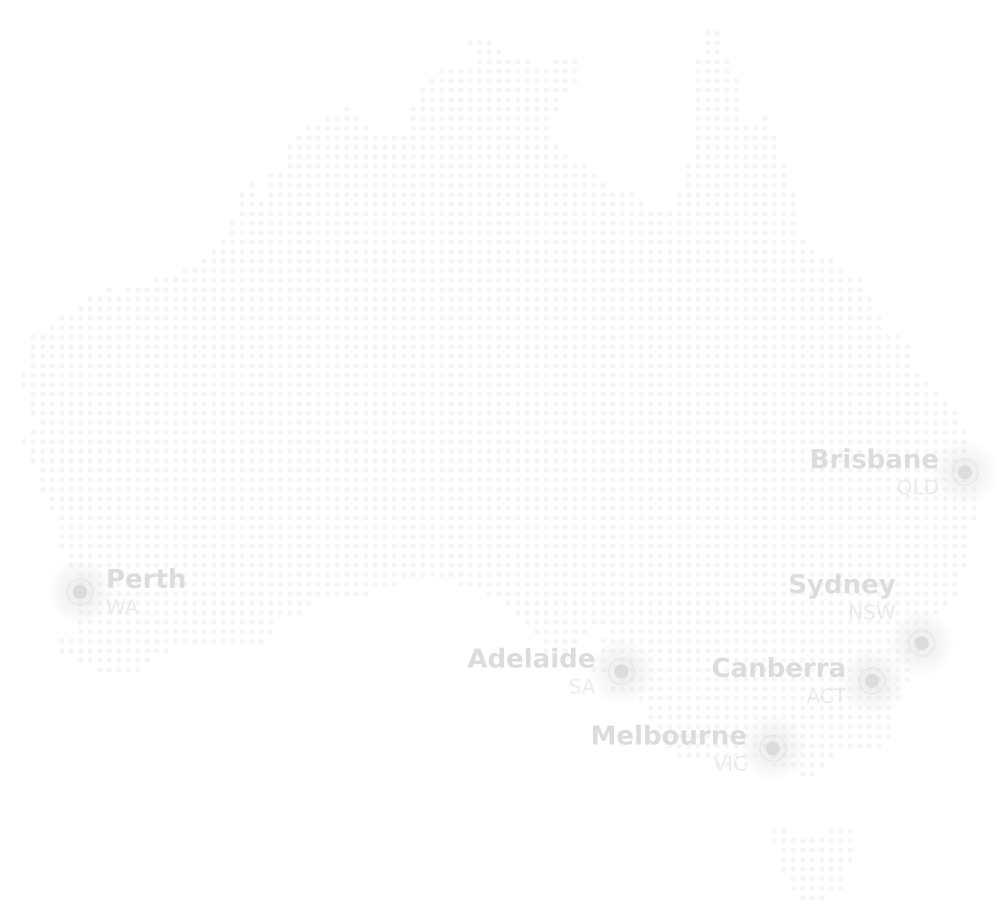 Faint map of Australia with major cities labeled: Perth, Adelaide, Melbourne, Canberra, Sydney, and Brisbane. Labels are written in light gray text.