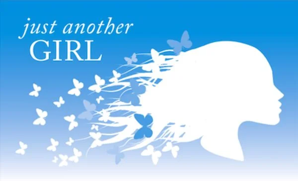 White silhouette of a girl’s head with hair transforming into butterflies on a blue gradient background. Text reads “just another GIRL” in the upper left corner.