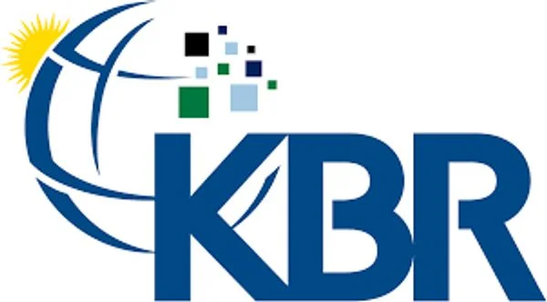 KBR logo with large blue letters, a stylized globe in the background, digital squares, and a yellow sunburst in the top left corner.