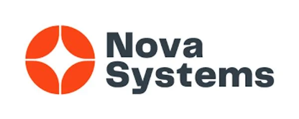 Nova Systems logo with an orange circular icon featuring a white four-pointed star in the middle, next to the company name in black bold letters on a white background.