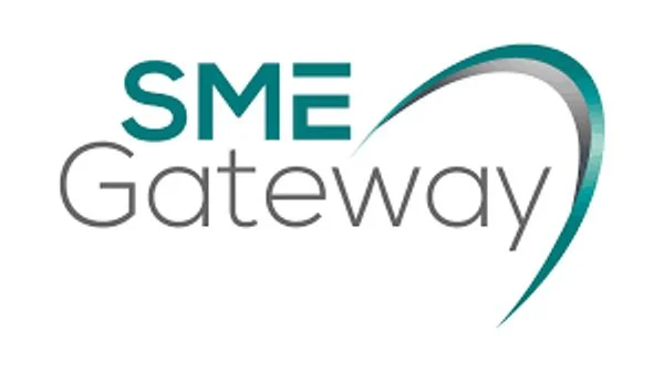 Logo with the words “SME Gateway” in teal and gray, with a curved, swoosh-like design arching from the letter “E” over the word “Gateway.”.