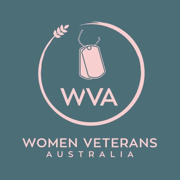 Logo for Women Veterans Australia. It features pink dog tags inside a circular design with a wheat sprig, “WVA” in the center, and “Women Veterans Australia” written below on a teal background.