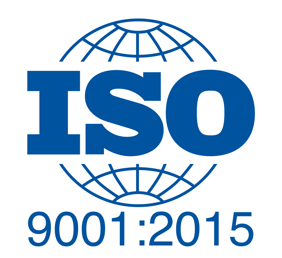 ISO 9001:2015 certification logo featuring the ISO logotype superimposed on a globe graphic.
